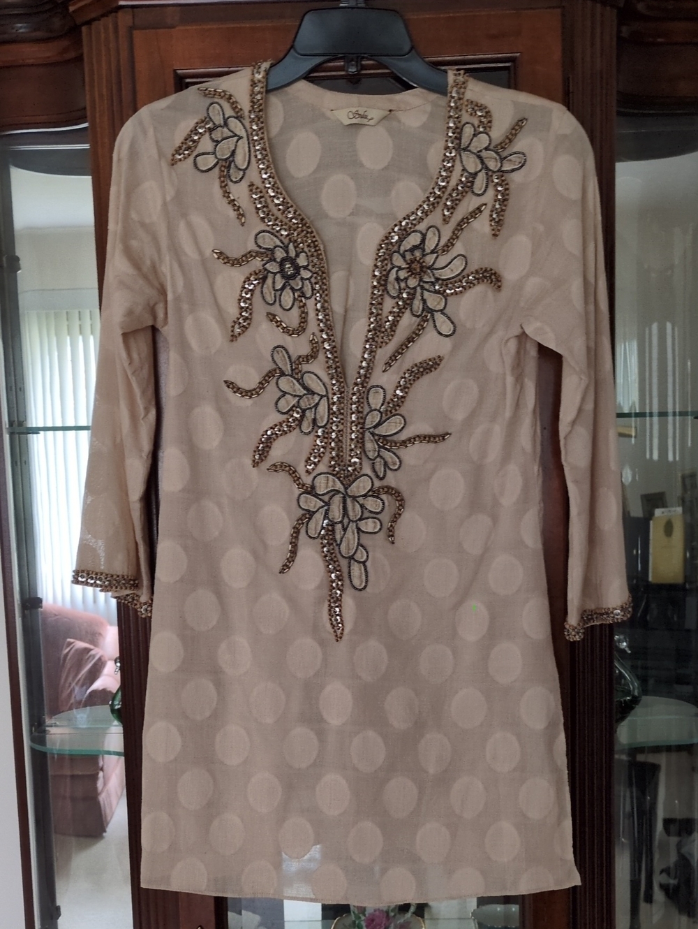 Beige Embellished Polka-Dot Tunic with Floral Sequin Detail ( Read Description)